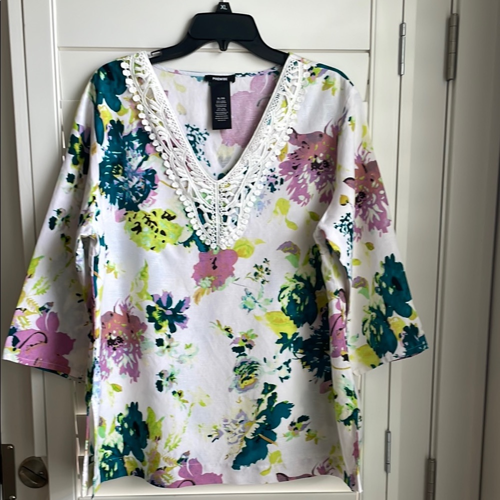 PREMISE women's linen rayon blend Floral V-Neck Pullover Tunic Top new